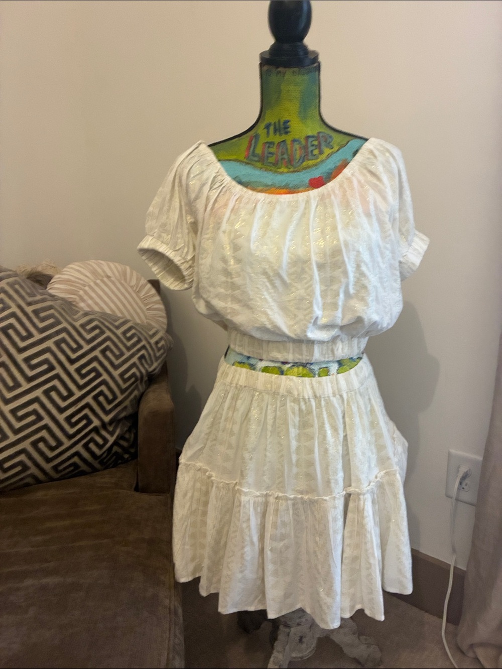 Elan White Metallic-Thread Peasant Top and Skirt Set